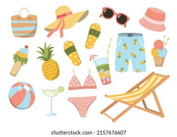 Cute summer set beach holiday elements. Cocktails, sling chair, swim clothes, sunglass. Isolated on white background. Vector clipart. Great for summer banners, print, scrapbooking, and stickers.