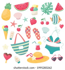 Cute summer set with bikini, flip flops, fruits, ice cream, flowers, shells, glasses, hat, handbag. Vector isolates on a white background.