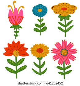 Cute summer set of bright flowers. Floral collection of cartoon elements isolated on white background. Vector illustration.