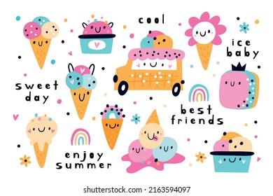 Cute summer set with cartoon baby food characters. Childish food desert collection. Yummy festive ice cream, frozen yogurt and rainbows vector illustration isolated on white background