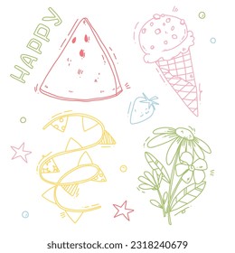 cute summer set. cartoon vector elements, ice cream and flowers, line art