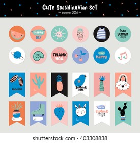 Cute Summer Set of Greeting Cards, Gift Tags, Stickers and Labels Templates with Trendy Holiday Elements in vector. Scandinavian Concept with Graphic Design Elements