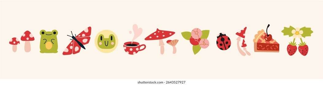 Cute summer set with nature elements including flowers, berries, mushrooms, snails, frogs and dessert. Trendy modern vector illustration isolated on white background, hand drawn, flat design