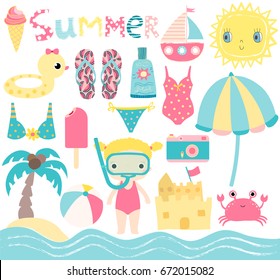 Cute summer set in pink, blue and yellow colors with beach design elements and characters for children birthday parties and baby showers