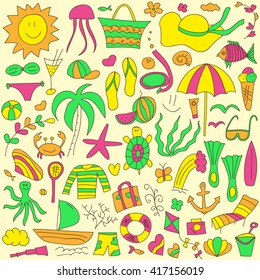 Cute summer set. Sea attributes. Sun, beach, waves. Vector illustration of fun summertime. Colorful and bright objects.