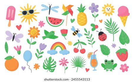 Bonito conjunto de verano. Elementos de verano: insectos, flores, plantas, frutas, bayas, sol, arco iris, helado, bebidas, comida. Ilustración vectorial dibujada a mano