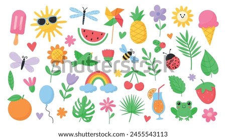Cute summer set. Summertime elements: insects, flowers, plants, fruits, berries, sun, rainbow, ice cream, drinks, food. Hand drawn vector illustration