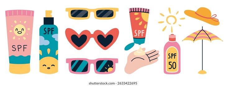 Cute summer set with sunscreen, sunglasses, sunhat and beach umbrella.  Vacation safety and Protection from solar radiation. Trendy modern vector illustration isolated on white, hand drawn, flat