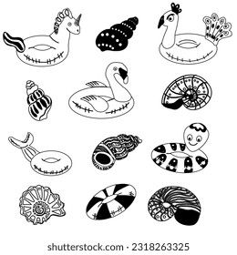 Cute summer set with swimming circles and shells painted in doodle style. Black and white vector illustration in linear style.