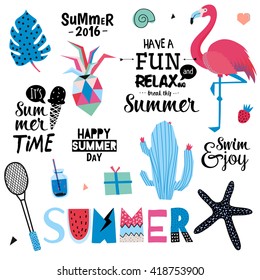 Cute Summer Set of Trendy Holiday Elements and Summer Typographic. Scandinavian Design. Vector. Isolated. White Background. Modern Concept. Hawaii, sport, palm, ice cream, pineapple, flamingo, leaf