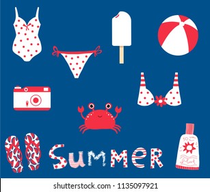 Cute summer set with vector elements for beach, ocean and travel graphic design in red and white colors on blue background