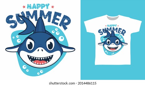 Cute summer shark illustration t-shirt design vector concept.