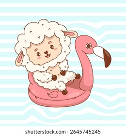 Cute summer Sheep on inflatable pink flamingo. Beach Adorable Farm Animal. Happy cartoon kawaii character on striped background. Vector illustration. Kids collection. Not AI