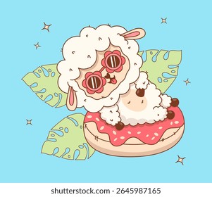 Cute summer Sheep with sunglasses floats on inflatable donut. Beach funny Farm Animal. Happy cartoon kawaii character vacation. Vector illustration. Kids collection 