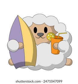 Cute summer Sheep with Surfboard and Cocktail in color