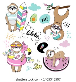 Cute summer sloth collection on white background