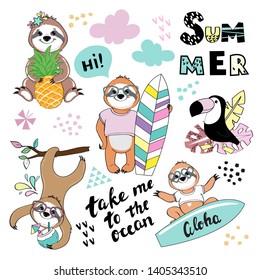 Cute summer sloth collection and toucan on white background