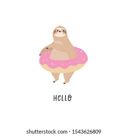Cute summer sloth on vacation. Cartoon sloth and swimming donut