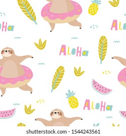 Cute summer sloth on vacation. Cartoon sloth and swimming donut. Aloha seamless pattern