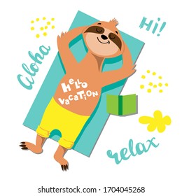 Cute summer sloth on a white background. Vector illustration. Vacation Travel Concept. Flat style