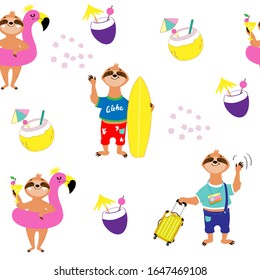 Cute summer sloths on a white background seamless pattern. Sloth with a surfboard, with a suitcase and on an inflatable flamingo for children