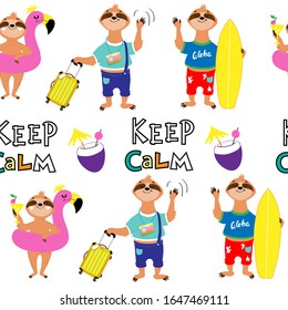 Cute summer sloths on a white background. Sloth with a surfboard, with a suitcase and on an inflatable flamingo seamless pattern