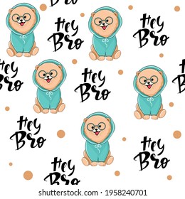 Cute summer spitz and the inscription hey bro seamless pattern. Vector cartoon illustration design for t-shirts. Birthday card