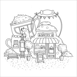 Cute Summer And Spring Bakery Shop With Trees, Cakes, Cup And Kettle. Hand Drawn Coloring Page.
