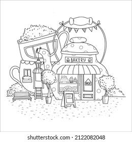 Cute summer and spring bakery shop with trees, cakes, cup and kettle. Hand drawn coloring page.