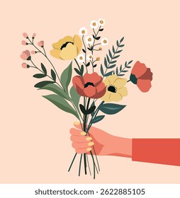 Cute summer spring bouquet of wild flowers in a woman's hand. Women's month, Mother's Day. International Women's Day. Vector flat postcard, illustration for holiday design in delicate tones