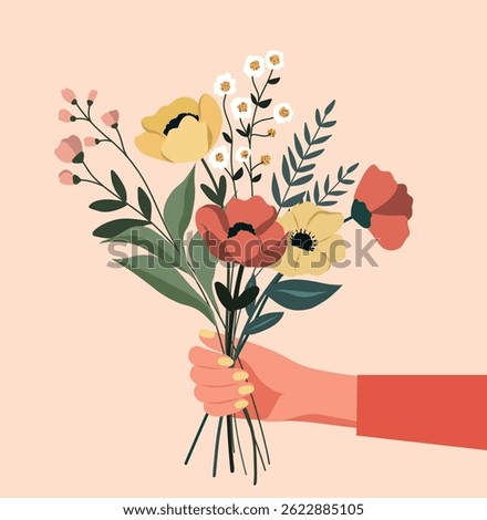 Cute summer spring bouquet of wild flowers in a woman's hand. Women's month, Mother's Day. International Women's Day. Vector flat postcard, illustration for holiday design in delicate tones