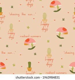 Cute, summer, spring, conversational seamless pattern print, cactus, plants pots, succulent, floral print, tags, label, positive quotes, slogans, fabric, textile, tshirt, wrapping, girls, kids, women