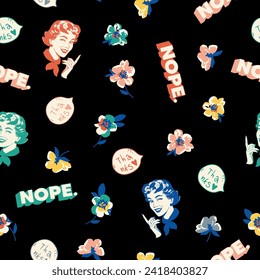 Cute, summer, spring, conversational, vintage, retro seamless pattern, girl, face, floral print, tags, label, positive quotes, slogans, fabric, textile, tshirt, wrapping, girls, kids, women