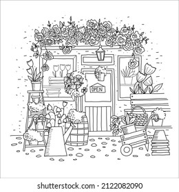 Cute summer and spring flower shop with roses, tree, door and window. Hand drawn coloring page.