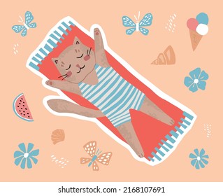 Cute summer sticker, a cat in a bathing suit lies on the beach. Children's drawing illustration in scandinavian style.