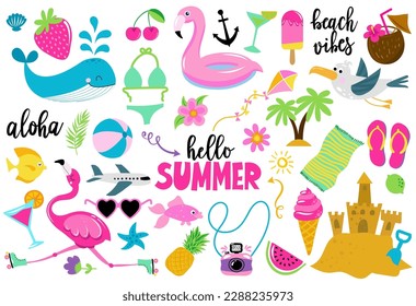 Cute summer sticker collection with flamingo, tropical flowers and other elements. Good for summer poster, card, stickers, label, invitation. Hand drawn premium bundle.