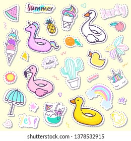 Cute summer sticker collection in pastel color. Pool swim ring cartoon sticker for kid. Cute summer clip art .