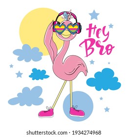Cute summer sticker flamingo with headphones listening to music. Funny cartoon animals for t-shirt design, greeting card, baby shower. Vector illustration isolated