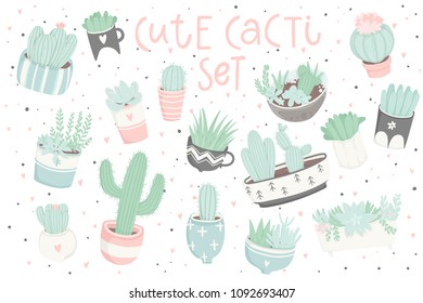 Cute summer sticker set with cacti. Pretty and soft pastel colors. Hand drawn collection of different cactuses, succulents and lettering. Vector illustration