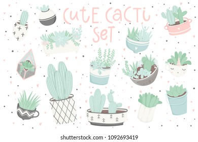 Cute summer sticker set with cacti. Pretty and soft pastel colors. Hand drawn collection of different cactuses, succulents and lettering. Vector illustration