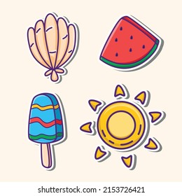 Cute Summer Sticker Set, Tropical Holiday Sticker Collection, Cute Summer Vacation Doodle Icon Pack