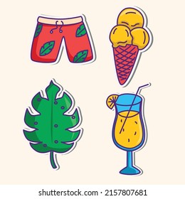 Cute Summer Sticker Set, Tropical Holiday Sticker Collection, Cute Summer Vacation Doodle Icon Pack