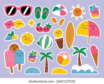 Cute Summer Stickers Bundle with Beach, Ice Cream, and Sunshine Elements Vector Illustration