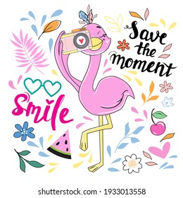 Cute summer stickers with flamingo with camera. Funny cartoon animals for t-shirt design, greeting card, baby shower. Inscription smile, save the moment