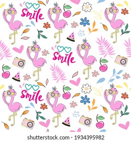 Cute summer stickers with flamingo with camera seamless pattern. Funny cartoon animals for t-shirt design, greeting card, baby shower