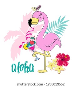 Cute Summer Stickers Flamingo Funny Cartoon Stock Vector (Royalty Free ...