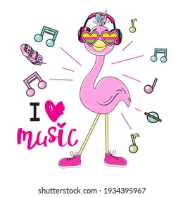 Cute summer stickers flamingo with headphones listening to music. Funny cartoon animals for t-shirt design, greeting card, baby shower. Vector illustration