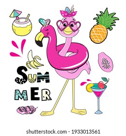 Cute summer stickers with flamingo on an inflatable flamingo. Funny cartoon animals for t-shirt design, greeting card, baby shower. Vector illustration