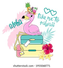 Cute summer stickers with flamingo with suitcases. Funny cartoon animals for t-shirt design, greeting card, travel concept. Inscription take me to Hawaii, aloha