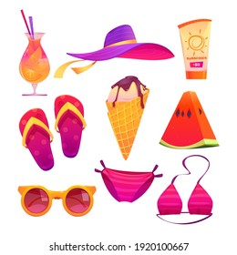 Cute summer stickers for girls, cartoon ice cream, pink bikini swimwear, watermelon, cocktail with orange slices, beach hat, sunglasses and colorful flip flops, sunscreen cream vector set